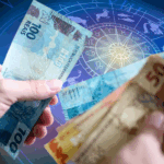 Signos com sorte na loteria, segurando dinheiro na mão