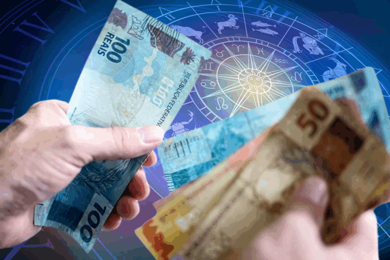 Signos com sorte na loteria, segurando dinheiro na mão