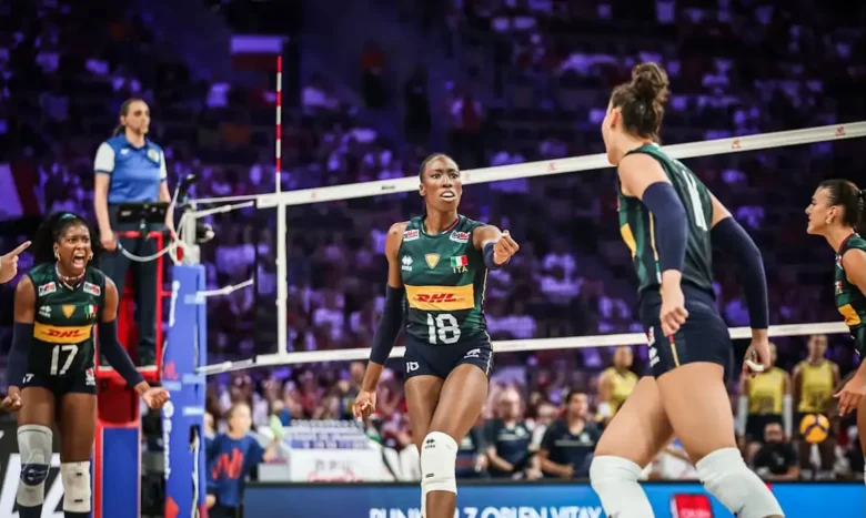Brasília (DF), 26/07/2025 - Lance de jogo entre Brasil e Itália válido pela Liga das Nações de Vôlei feminino. Foto: Volleyball World/Divulgação