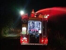 Fogo ameaçava chácaras e uma granja às margens do Rio Guatá; ação rápida dos bombeiros evitou tragédia ambiental na Linha 05, próximo à rodovia Izidoro Pivetta