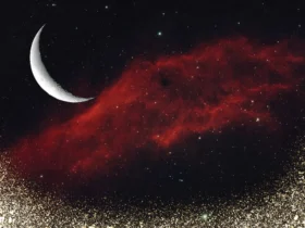 Ilustração da Lua minguante sobre um céu estrelado com tons de vermelho e prata, simbolizando interioridade e desapego, por CenárioMT / Canva
