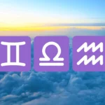 Ilustração dos três signos de Ar (Gêmeos, Libra e Aquário) rodeados por nuvens e símbolos de vento, representando leveza e criatividade mental, por CenárioMT / Canva