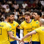 Brasil vence de virada a Alemanha, por 3 sets a 1, último jogo da primeira fase (classificatória) da Liga das Nações de vôlei masculino - em 20/07/2025