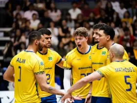 Brasil vence de virada a Alemanha, por 3 sets a 1, último jogo da primeira fase (classificatória) da Liga das Nações de vôlei masculino - em 20/07/2025