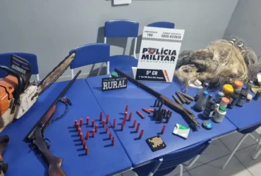 Materiais e armas apreendidos em posse do suspeito
