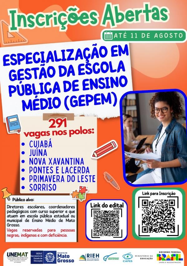 UNEMAT abre inscricoes para especializacao em Gestao da Escola Publica de Ensino Medio no Polo UAB de Sorriso