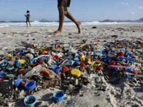 Rio de Janeiro (RJ), 30/07/2025 – Ressaca no mar acumula lixo plástico na praia do Leme, após passagem de um ciclone extratropical. Foto: Fernando Frazão/Agência Brasil