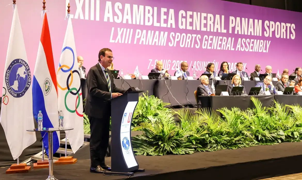 Assunção, 08/08/2025 - Jogos Pan-Americanos Júnior Assunção 2025 - Assembléia PANAM. O prefeito do Rio de Janeiro Eduardo Paes apresenta candidatura das cidades do Rio de Janeiro e Niteroi para sedes