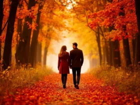 Casal andando em um caminho lindo, uma bela paisagem