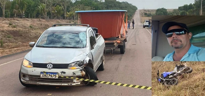 A colisão envolveu uma motocicleta Yamaha Fazer azul e uma picape VW Saveiro prata, que transportava uma piscina em um reboque.