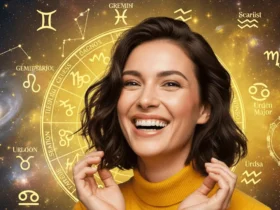 Mulher Feliz com Horóscopo Amarelo