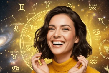 Mulher Feliz com Horóscopo Amarelo