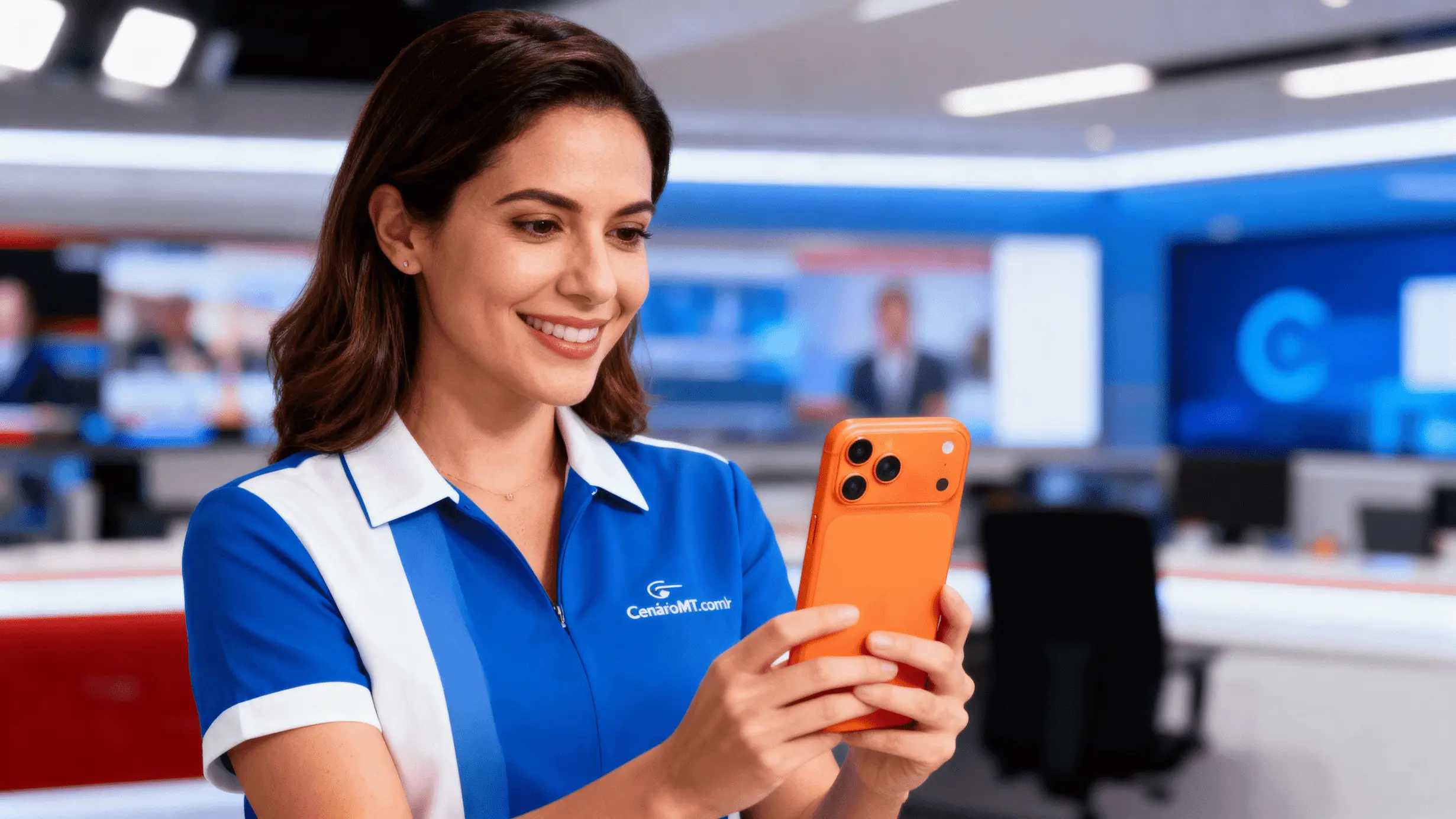 Mulher com Uniforme CenárioMT com iPhone