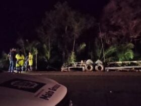 Acidente aconteceu na tarde desta quinta-feira (26) na Serra de São Vicente; três veículos transportados ficaram espalhados na faixa de domínio.