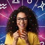Mulher com fundo de horóscopo, cabelos com laços, óculos, camiseta amarela e tomando café