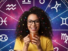 Mulher com fundo de horóscopo, cabelos com laços, óculos, camiseta amarela e tomando café
