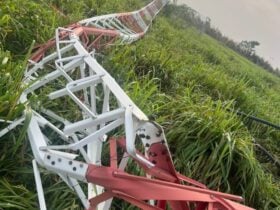Chuva forte acompanhada de ventos derrubou a estrutura instalada às margens da MT-325; técnicos trabalham para restabelecer o serviço provisoriamente.