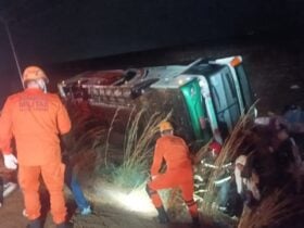 Equipes do Corpo de Bombeiros e do SAMU atuaram no resgate; veículo seguia com 33 passageiros para Goiânia (GO)