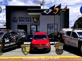 Operação conjunta com apoio do sistema “Vigia Mais MT” resultou na interceptação de uma Saveiro Cross vermelha, produto de roubo em Maringá (PR), às margens da MT-338