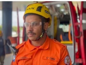 Soldado BM Verejão, da 13ª CIBM de Lucas do Rio Verde, orienta sobre o uso de equipamentos de segurança e a importância de chamar profissionais para serviços de risco