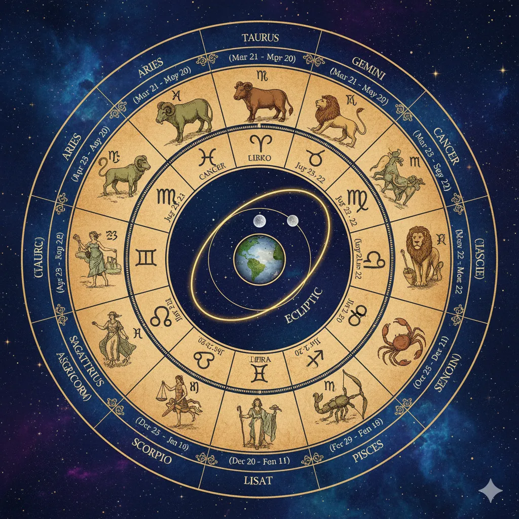 Roda zodiacal mostrada com as datas de cada signo do zodíaco organizadas em círculo
